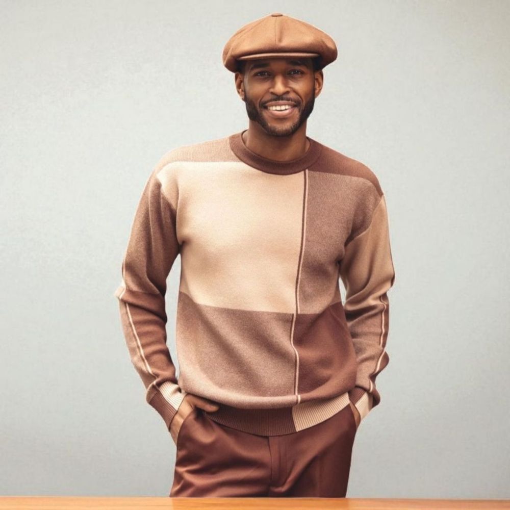 MONTIQUE MENS REGULAR FIT BROWN BEIGE XTRA SIZE COLOR BLOCK KNIT SWEATER. SW101.